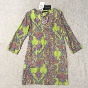 Zara Silk Tunic / Mini Dress Paisley Green Multicolor Pockets Size XS